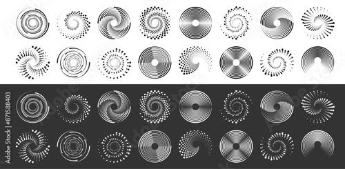 Dot circle pattern rotating dotted circles on black and white background. Black round halftone dots. Spiral halftone frame. Set of swirl abstract ripple elements. PNG	