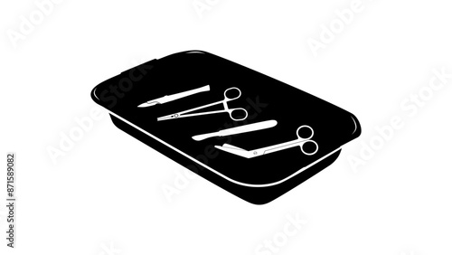 Tray with surgical instruments, black isolated silhouette