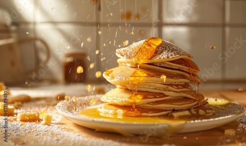 stack of fluffy pancakes dusted with flour and drizzled with honey, set against a cozy kitchen backdrop with white tiles and a clean aesthetic, capturing every detail in high-quality photography photo