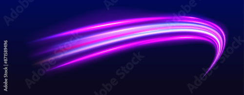 Light and stripes moving fast over dark background. Concept of leading in business, Hi tech products, warp speed wormhole science vector design.	