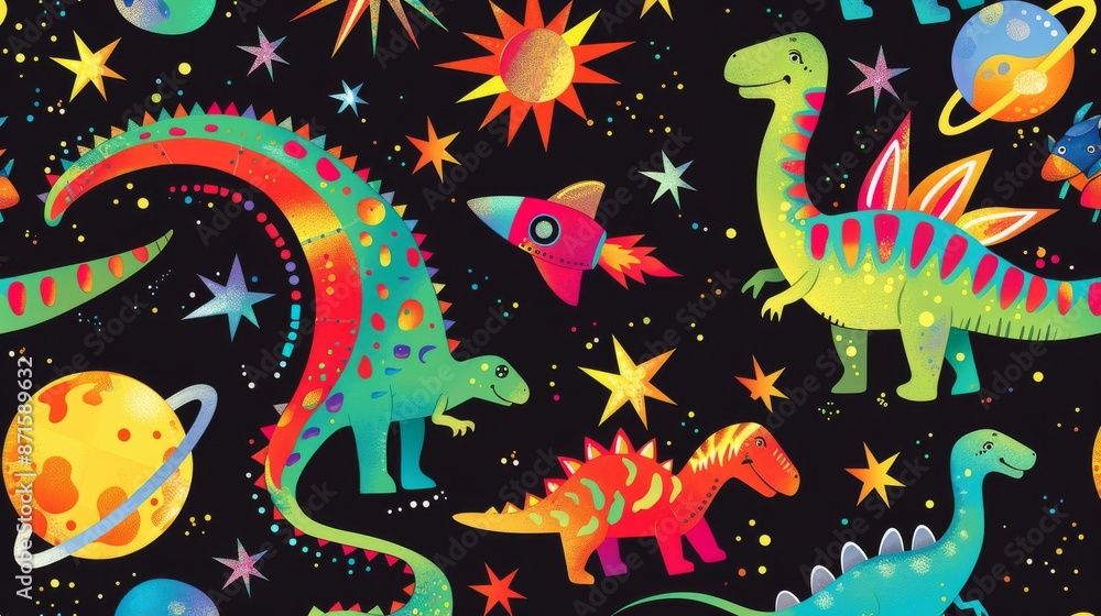 Whimsical illustration of vibrant dinosaurs among stars and planets on a black background Whimsical illustration of vibrant dinosaurs among stars and planets on a black background