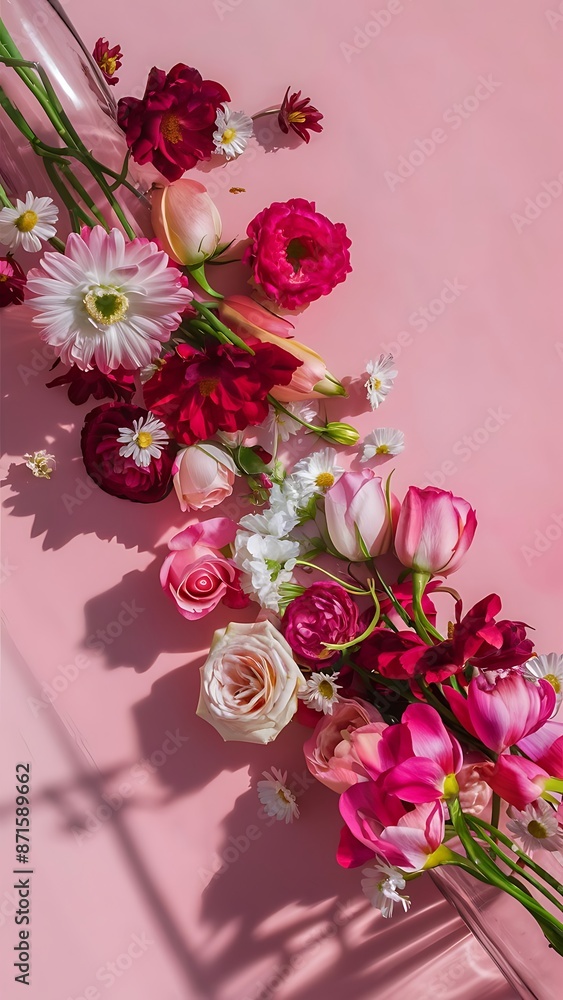 Obraz premium Flowers composition on a pink background flat lay top view