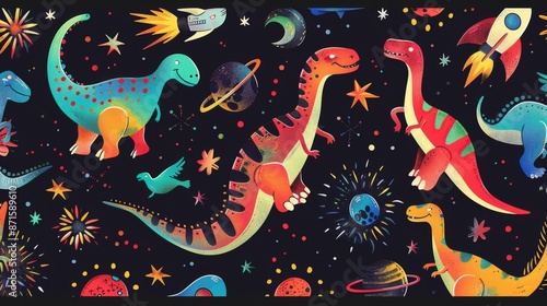 Fototapeta Naklejka Na Ścianę i Meble -  Vibrant illustration featuring various dinosaurs roaming an imaginative space scene with stars, planets, and comets
