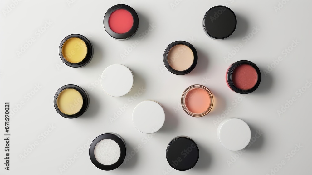 Various Cosmetic Containers Flat Lay on White Background Various Cosmetic Containers Flat Lay on White Background