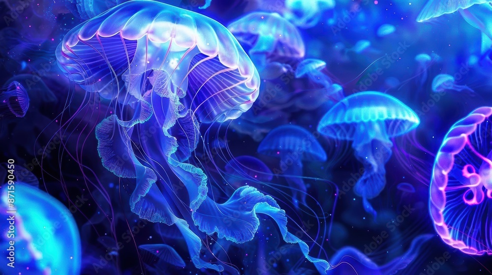 Mystical Blue Jellyfish in Underwater Wonderland with Night Glow Mystical Blue Jellyfish in Underwater Wonderland with Night Glow