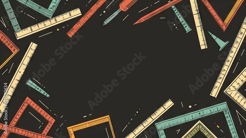 An array of colorful rulers and pencils scattered on a dark background, providing a sense of creativity, education, and design