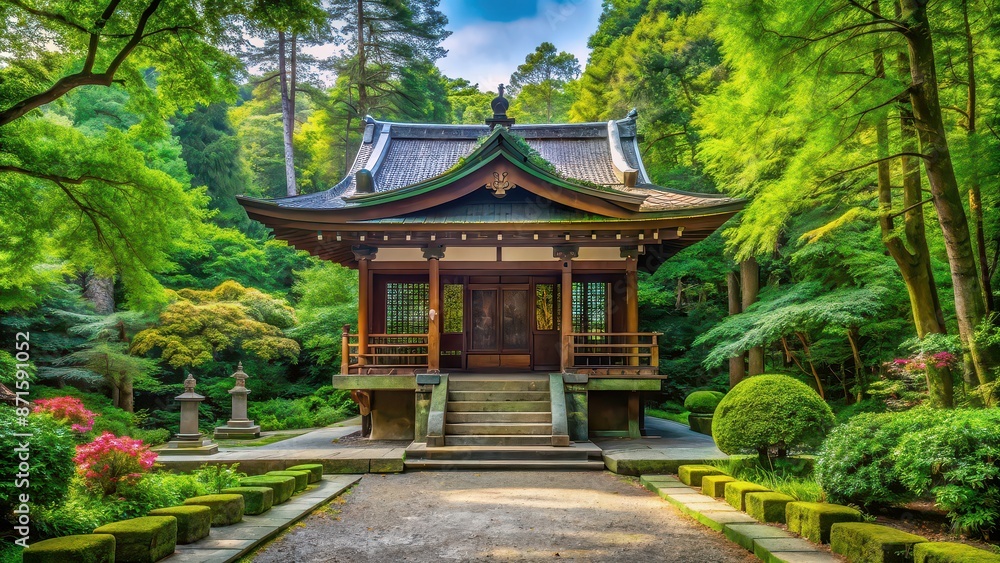 Tranquil landscape of a traditional Japanese shrine surrounded by lush greenery, Shinto shrine, Japan, tranquil Tranquil landscape of a traditional Japanese shrine surrounded by lush greenery, Shinto shrine, Japan, tranquil