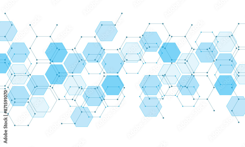 Naklejka premium Blue hexagon pattern. Medical technology design. Neon dots connected by lines.