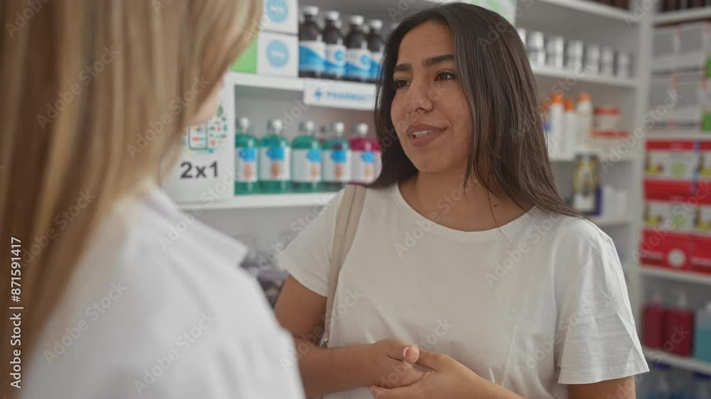 Two women interact smilingly in a bright, modern pharmacy, highlighting healthcare and customer service. Two women interact smilingly in a bright, modern pharmacy, highlighting healthcare and customer service.