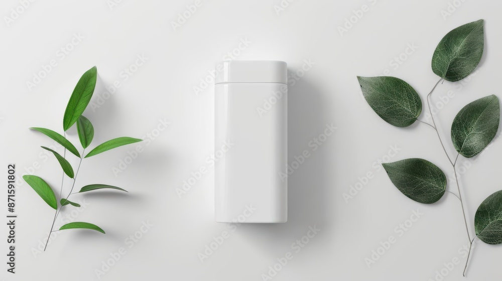 Minimalist Skincare Bottle with Green Leaves on White Background Minimalist Skincare Bottle with Green Leaves on White Background