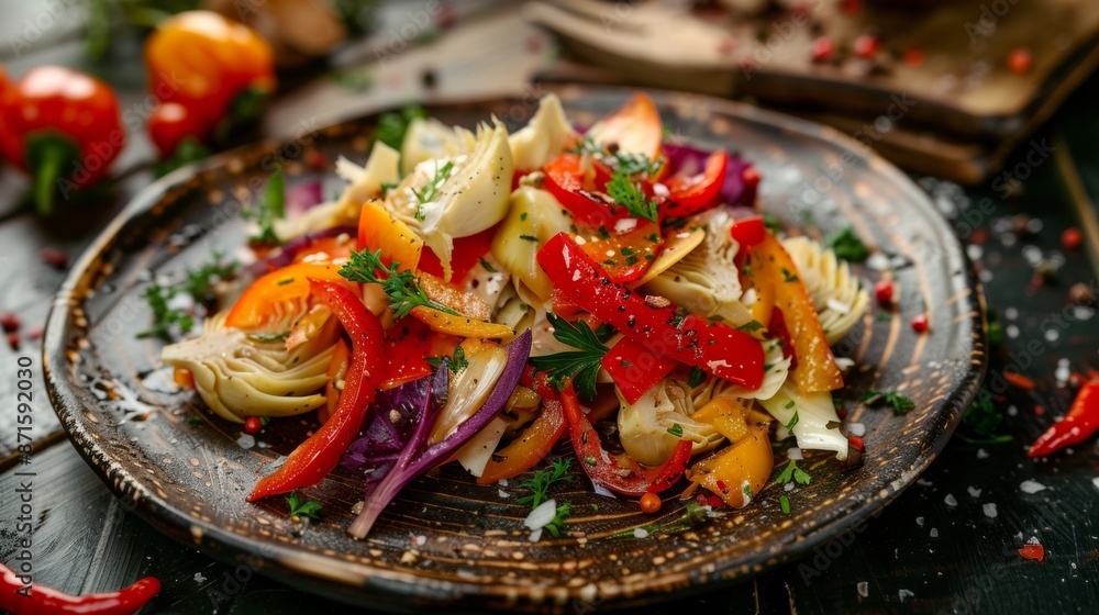 French cuisine. Artichoke and sweet pepper salad with chicory. French cuisine. Artichoke and sweet pepper salad with chicory.