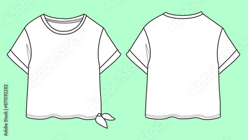 Girls short sleeve turn up tee fashion flat sketch vector.  