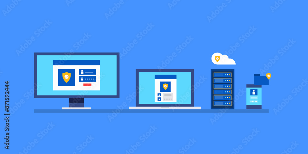 Digital data protection, cyber technology computer laptop secure server cloud storage vector illustration. Digital data protection, cyber technology computer laptop secure server cloud storage vector illustration.