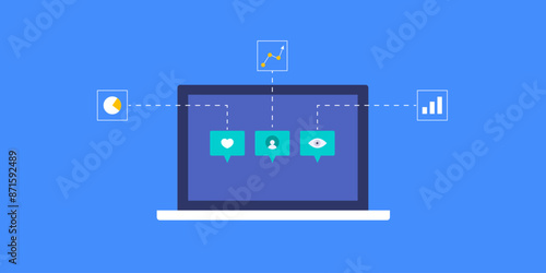 Social media content metrics KPI views, reaction, followers and subscription comment engagement conversion analytics conceptual vector illustration.