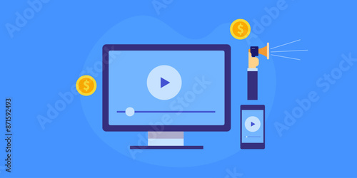 Paid video advertising campaign on electronic devices for brand promotion, website traffic and increase sales conversion vector illustration.