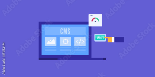 Create, manage and publish digital content with CMS software application, SEO optimizes content, customize dynamic website appearance tool, vector illustration.