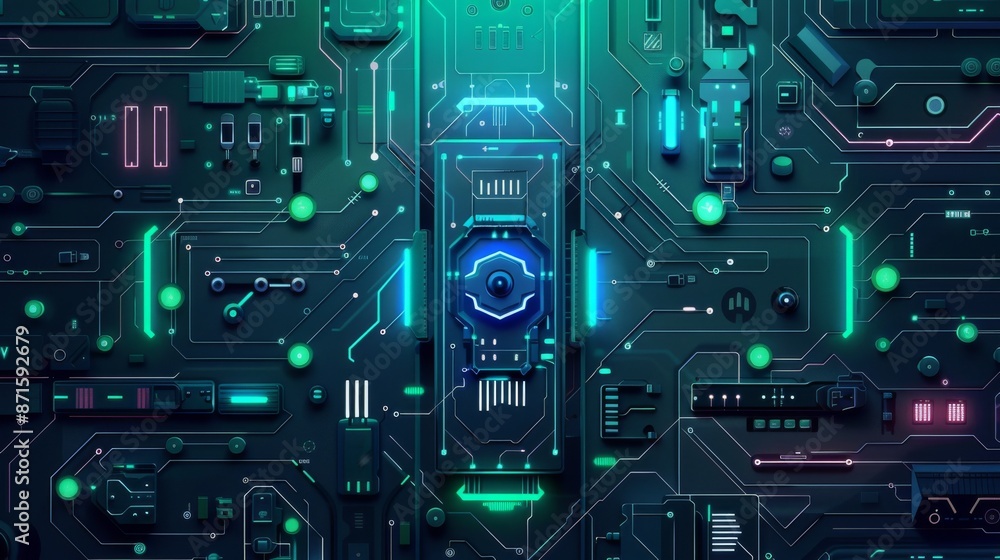 An elaborate digital illustration of a futuristic circuit board with neon green and blue lights and intricate patterns An elaborate digital illustration of a futuristic circuit board with neon green and blue lights and intricate patterns