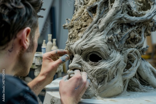 man creating a mask of a wooden man. generative ai