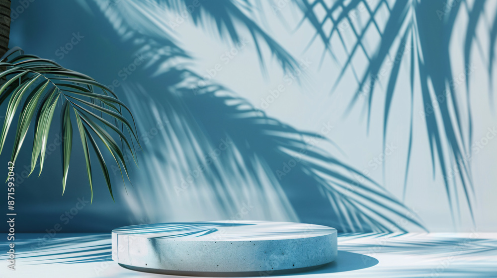 Obraz premium Abstract background for a product presentation, a blue round podium with a palm leaf shadow on the wall. A mockup scene for cosmetic products in the style of a summer mood. Minimal abstract wallpaper.