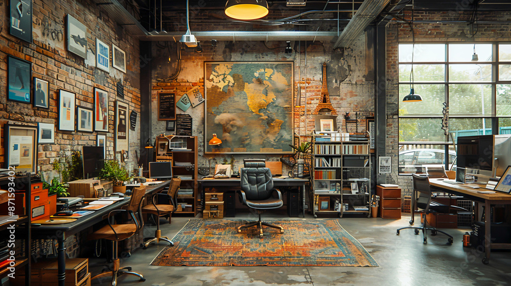 Modern Industrial Workspace with Exposed Brick Walls and Creative Workstations Modern Industrial Workspace with Exposed Brick Walls and Creative Workstations