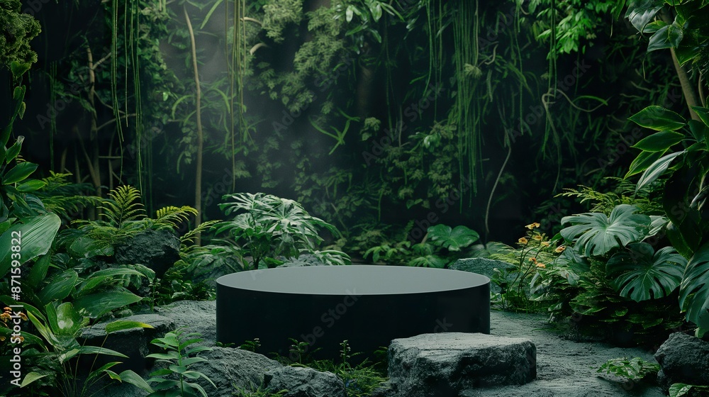 Mockup of a Dark Forest Green Podium in a Natural Setting, Featuring Earthy Textures and Organic Elements Mockup of a Dark Forest Green Podium in a Natural Setting, Featuring Earthy Textures and Organic Elements