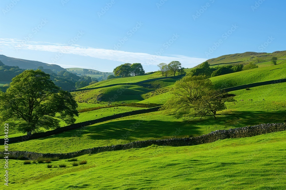 Obraz premium serene rolling countryside with farm in the morning sun