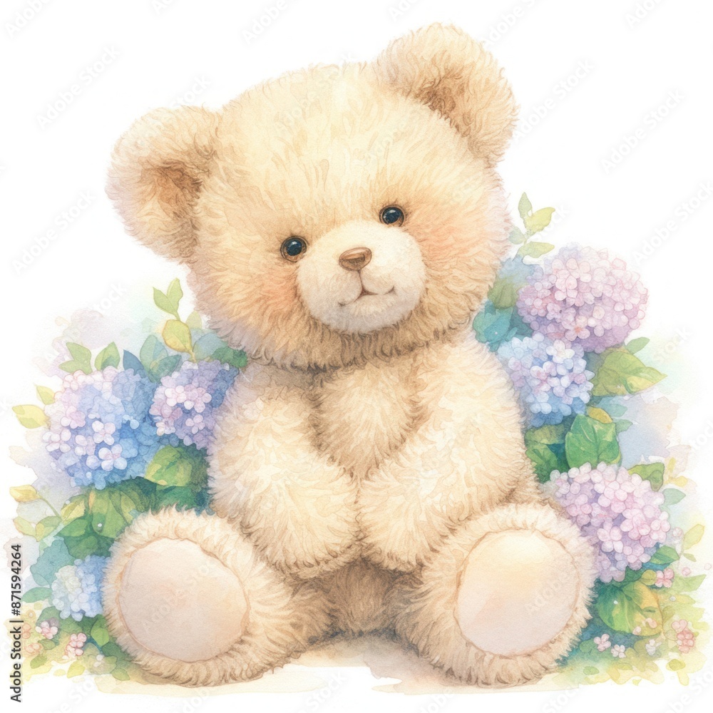 Fototapeta premium teddy bear with hydrangea flower watercolor clipart illustration 