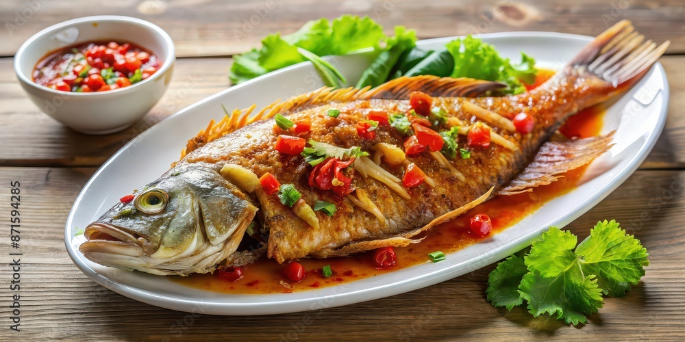 Delicious fried fish with chili sauce, perfect for seafood lovers, fried, fish, seafood, delicious, spicy, chili sauce, crispy, golden Delicious fried fish with chili sauce, perfect for seafood lovers, fried, fish, seafood, delicious, spicy, chili sauce, crispy, golden
