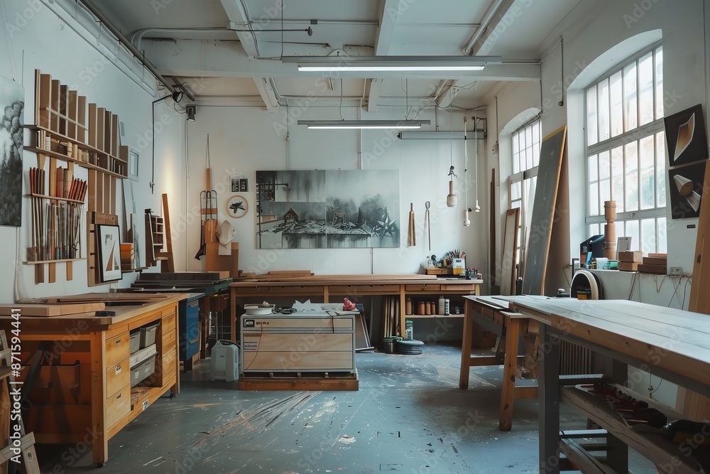 interior of a small carpenter's workshop with wooden furniture and tools interior of a small carpenter's workshop with wooden furniture and tools