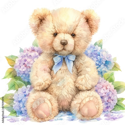 teddy bear with hydrangea flower watercolor clipart illustration 