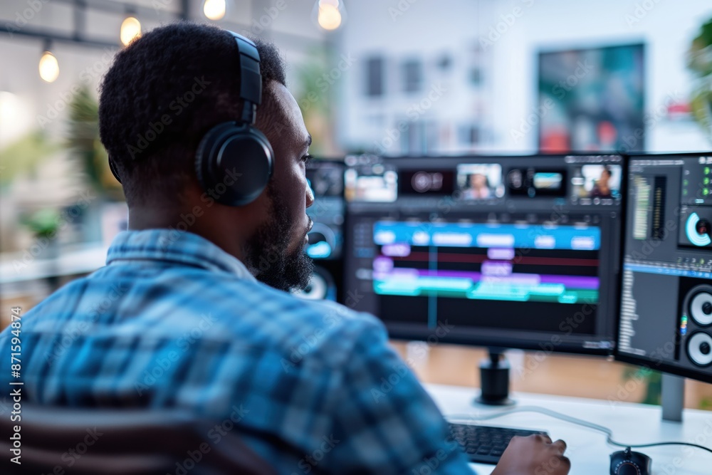 Male video editor works on computer with two screens displaying timeline software. He wears blue and white plaid shirt and headphones, focused on project in modern studio with plant background. Male video editor works on computer with two screens displaying timeline software. He wears blue and white plaid shirt and headphones, focused on project in modern studio with plant background.