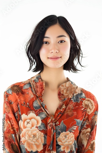 Pretty young women super model of Japanese with wall art, with expressive expression, no crop head. photo on white isolated background