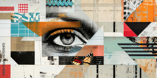 Abstract Geometric Collage with Human Eye and Butterfly in Mixed Media Artwork