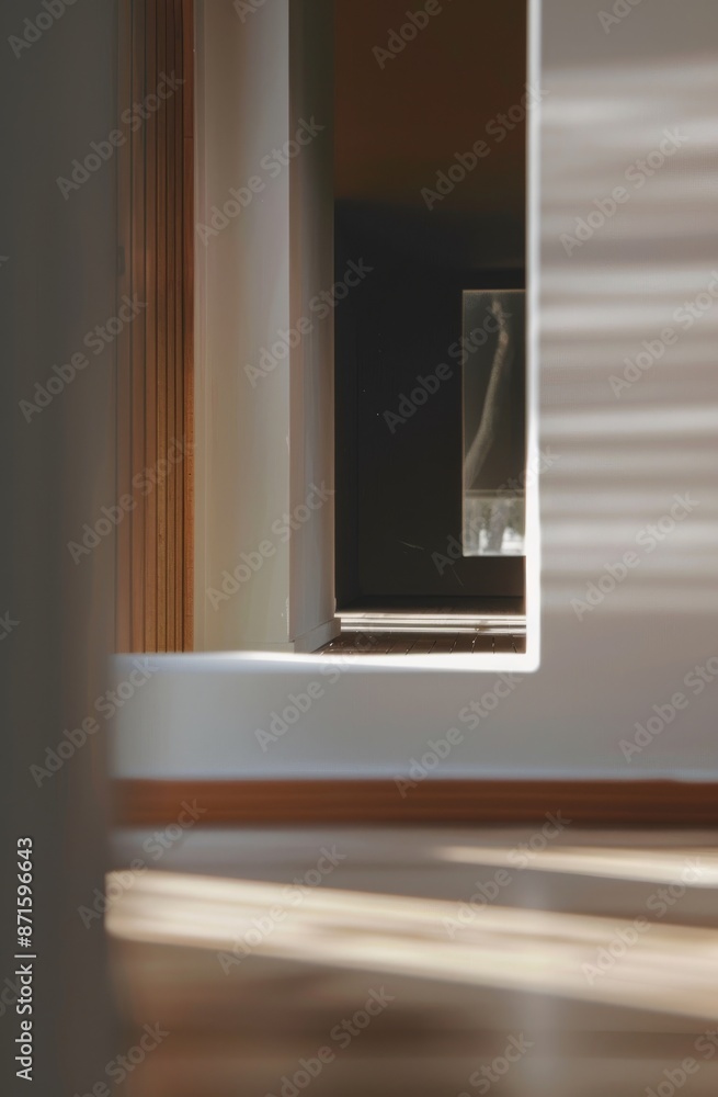 A vertical view of a door in a room with sunlight coming through the window A vertical view of a door in a room with sunlight coming through the window