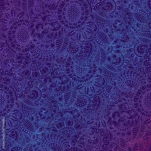 Colored gradient mehendi style indian floral doodle pattern card