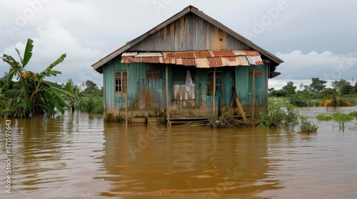 Small wooden house surrounded by floodwaters, vegetation in foreground