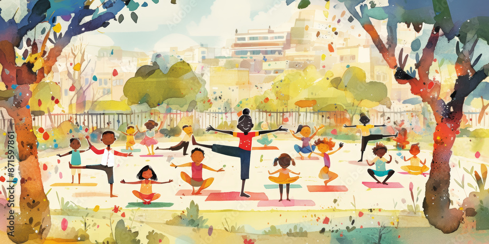 Naklejka premium Children Practicing Yoga Outdoors in a Colorful Park Setting