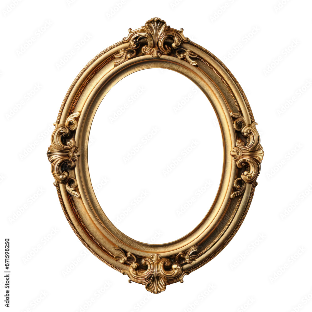 An ornate gold oval picture frame isolated on a transparent background. PNG An ornate gold oval picture frame isolated on a transparent background. PNG