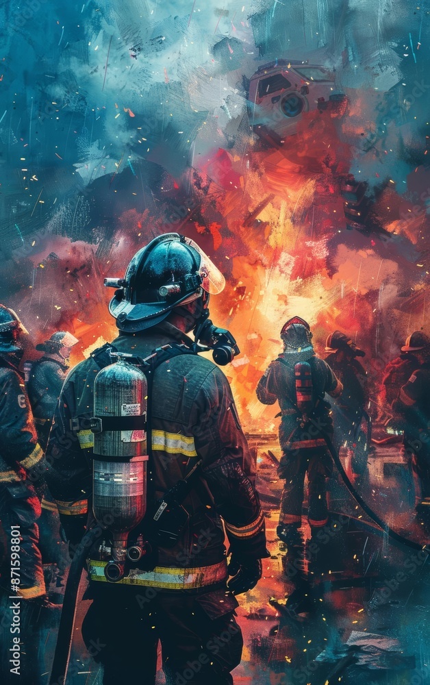 Firefighters in full gear confront a massive blaze, their faces obscured by smoke and determination. Firefighters in full gear confront a massive blaze, their faces obscured by smoke and determination.