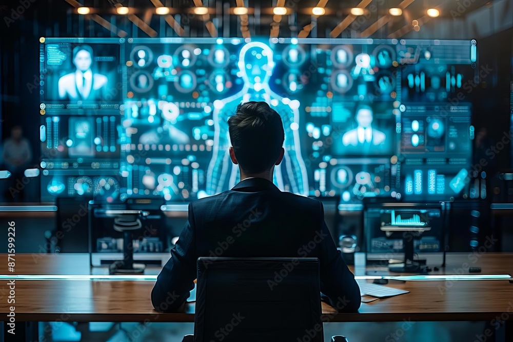 Corporate titan reviewing a candidates holographic profile, power, futuristic recruitment Corporate titan reviewing a candidates holographic profile, power, futuristic recruitment