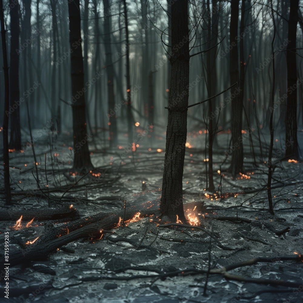 Burnt forest with smoldering remnants after a wildfire Burnt forest with smoldering remnants after a wildfire