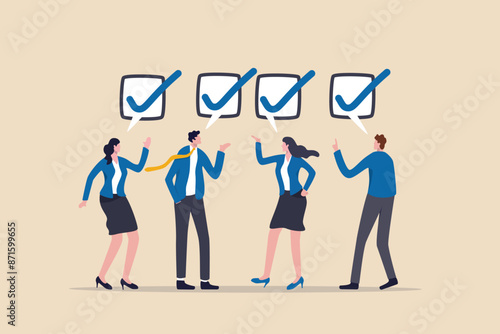 Team agreement, meeting or brainstorming for collaboration, agree to work together, finish team to do list or appointment tasks concept, business people agree with checklist symbol in team meeting.