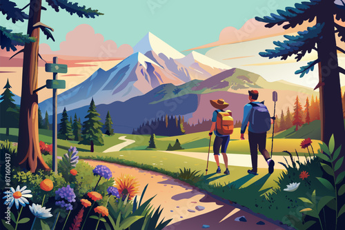 Summer hiking scene with people walking in the forest, by the trail to mountains