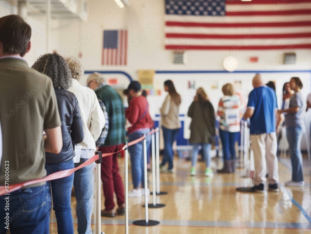 Obraz premium Vibrant Civic Duties: Busy Polling Station in Community Center with American Flags, Early Morning Light, and Engaged Voters in Line
