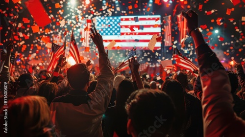 Dynamic Election Night Celebration: Diverse Supporters Cheering with Confetti and Flags Under Night Sky, Politician Grateful on Big Screen, Festive Atmosphere with Copy Space