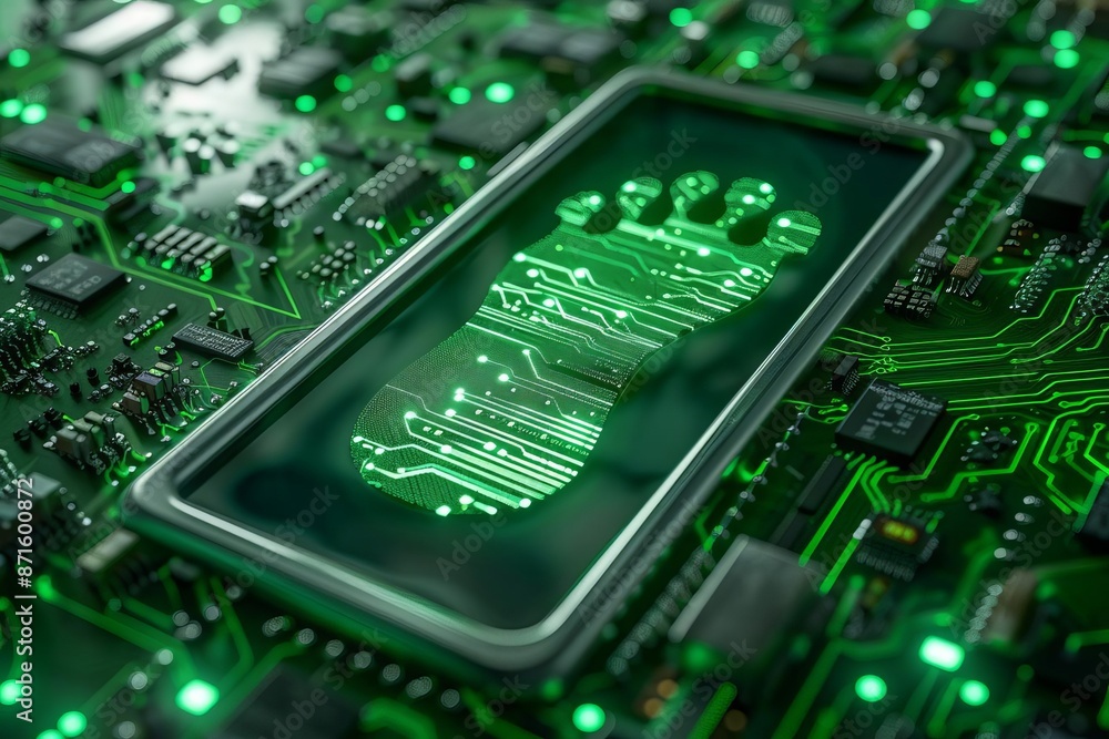 Footprints on a digital screen turning green, tech environment, sustainability in tech Footprints on a digital screen turning green, tech environment, sustainability in tech