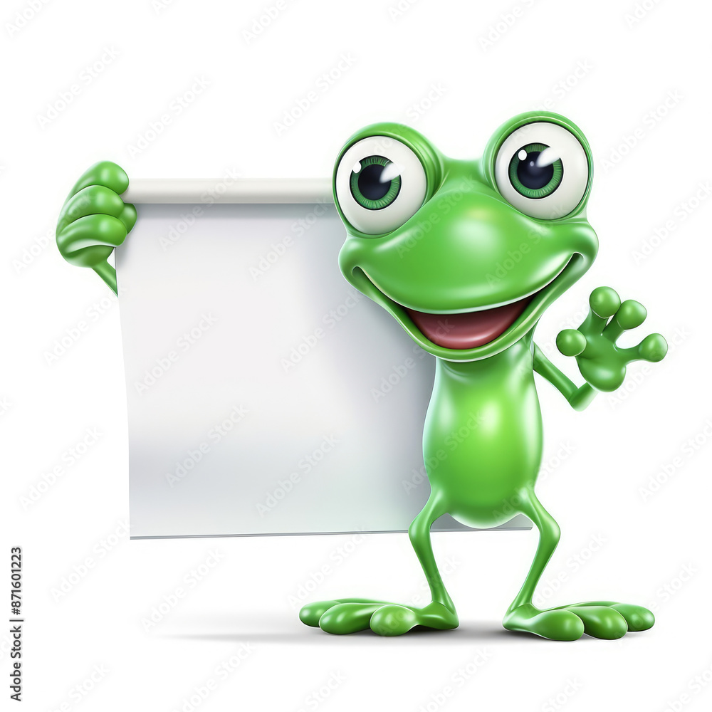 Naklejka premium Cute Green Cartoon Frog Holding a White Blank Sign, Generative AI