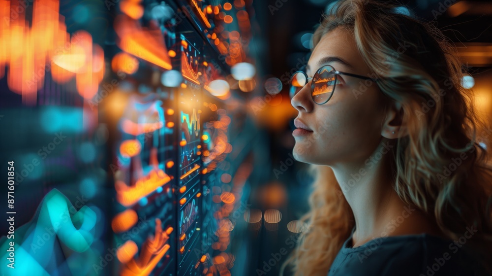 Woman Analyzing Digital Data Screen. Woman in glasses closely examines a digital data screen, showcasing a high-tech, analytical workplace environment. Woman Analyzing Digital Data Screen. Woman in glasses closely examines a digital data screen, showcasing a high-tech, analytical workplace environment.