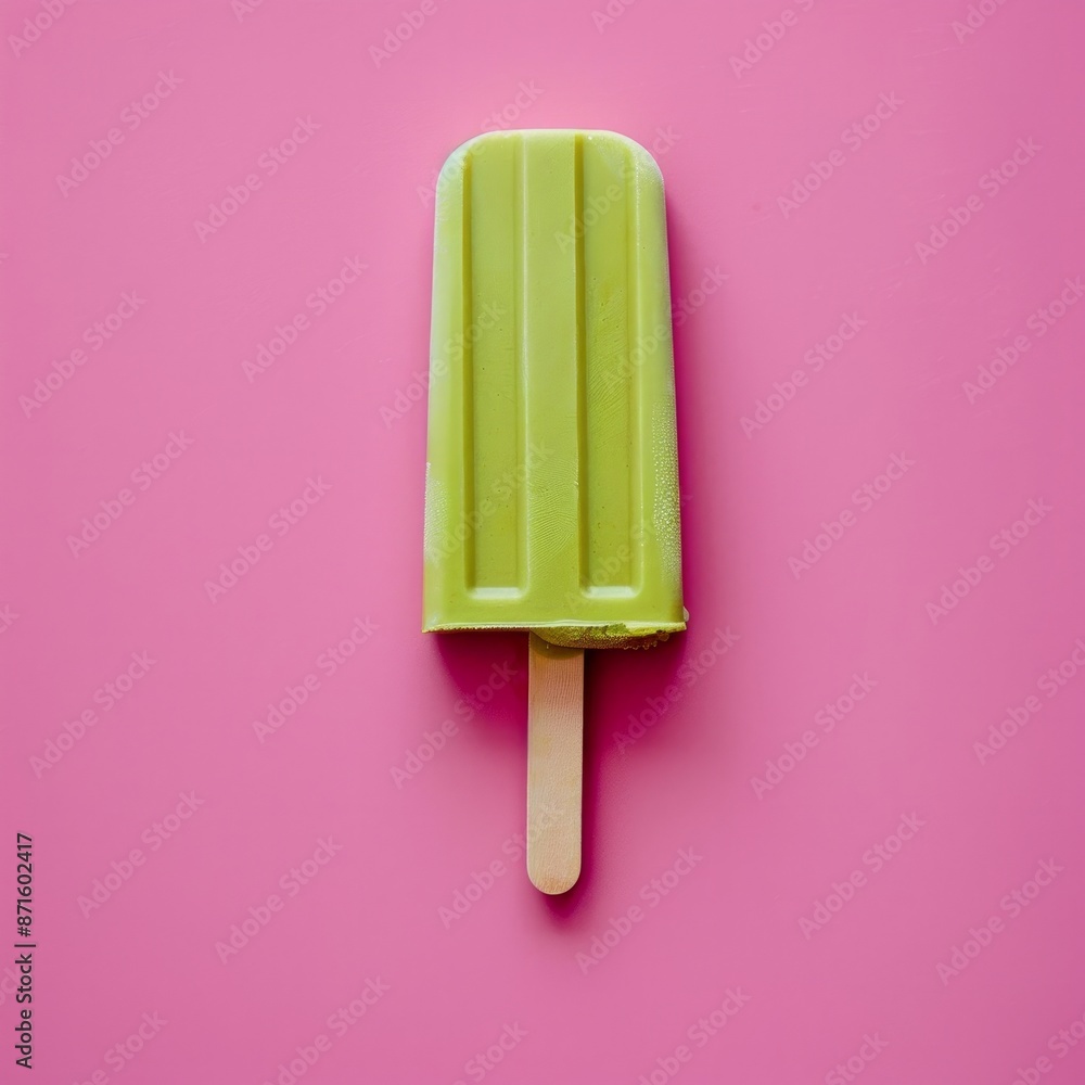 A green popsicle set against a striking and vibrant pink background, standing out boldly to symbolize freshness, coolness, and the delightful essence of a simple summer treat. A green popsicle set against a striking and vibrant pink background, standing out boldly to symbolize freshness, coolness, and the delightful essence of a simple summer treat.