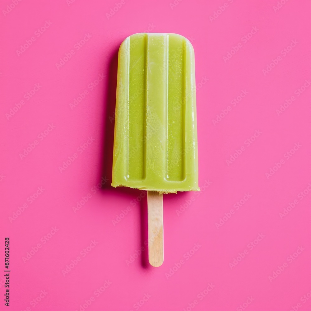 A solitary green popsicle placed centrally on a vibrant pink background, creating a striking contrast that highlights the refreshing and delicious nature of the icy treat. A solitary green popsicle placed centrally on a vibrant pink background, creating a striking contrast that highlights the refreshing and delicious nature of the icy treat.